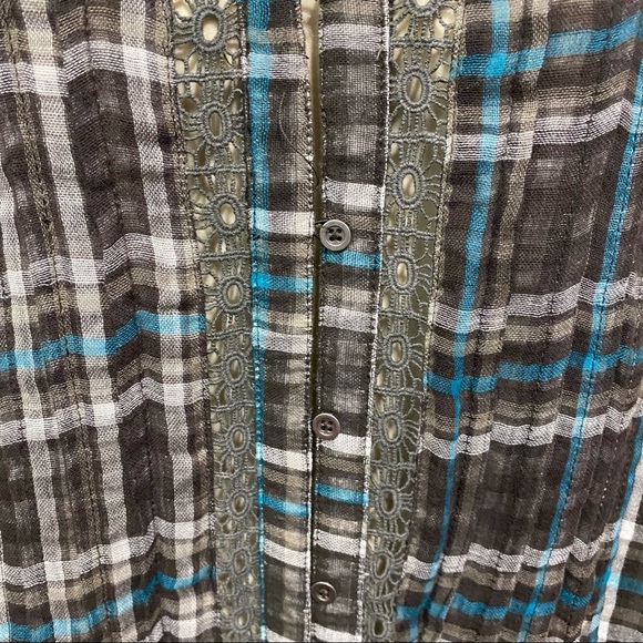 Mystree Oversized Brown Green Plaid Button Down Tunic Top - Picture 3 of 6